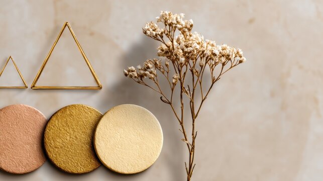 Golden shimmer makeup powders with dried flowers and geometric triangles on marble background.