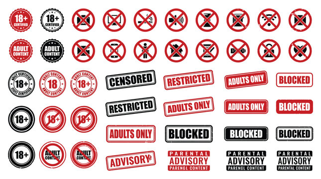 Set of warning signs, restricted content labels, and parental advisory stamps