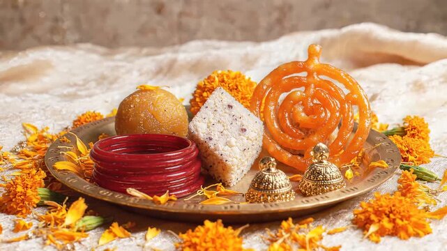 Karwa chauth festive thali with sweets bangles and flowers for celebration