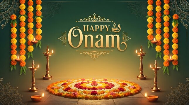Happy onam festival celebration with traditional pookalam and lamps