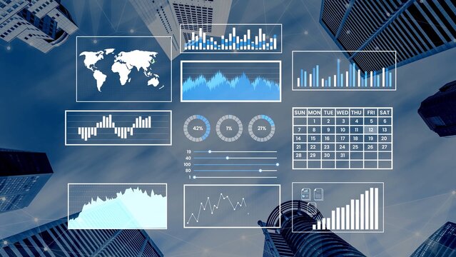 Futuristic Data Visualization with Graphs and Charts Against a City Skyline in Blue and White Colors for Business and Financial Analysis Gluon.