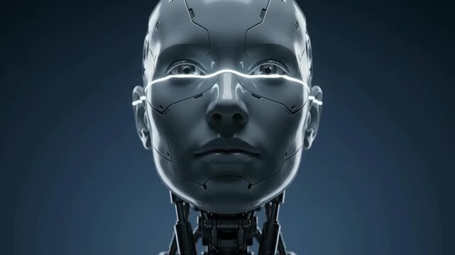 Close-up video of a sophisticated humanoid robot with an artificial face and intricate neck mechanisms against a dark blue background.