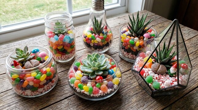 Assortment of colorful candy and treats arranged beautifully on a wooden surface, perfect for celebrations, sweet shop displays, or festive dessert tables, vibrant holiday aesthetic