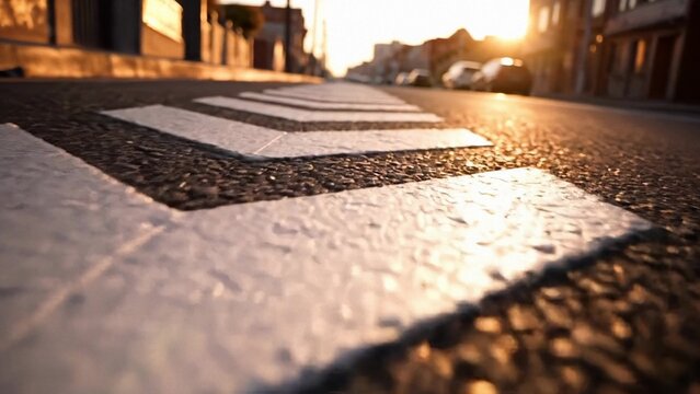 Close up view of a pedestrian crosswalk marking on asphalt pavement, suggesting urban movement and connection, perfect for city planning or street scene visuals