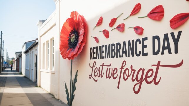Large red poppy mural on wall with fallen petals and Remembrance Day Lest we forget text painted on building exterior street Remembrance Day