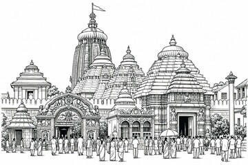 Obraz premium Historical ink drawing of an indian temple complex with towering domes and gathered crowds of people