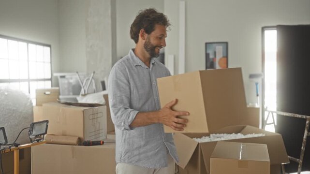 Man carrying a cardboard box with hands while smiling among stacked boxes and packing materials inside studio; fresh start contentment.