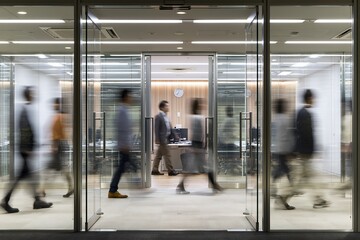 Fototapeta premium ガラス張りのオフィスを行き交うビジネスパーソンたちの忙しい日常