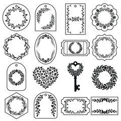 Fototapeta premium Black and white illustration set of ornate wreaths, frames, and decorative tags.