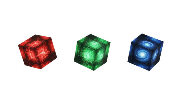 Three Glowing Magical Elemental Cubes with Abstract Textures