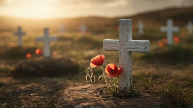 White cross grave marker with vibrant red poppies in a peaceful cemetery during sunset golden hour for Remembrance Day tribute Remembrance Day
