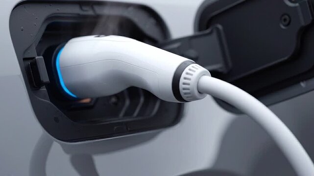 Close-up of electric vehicle charging plug connected to car port glowing blue then smoking and overheating. Electric car charging failure and safety hazard concept
