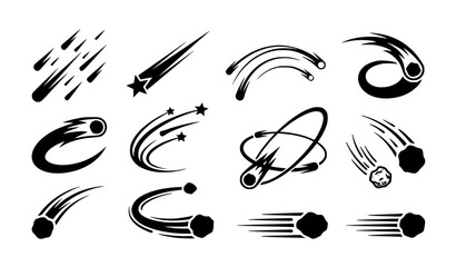 Shooting Stars and Comet Tail Vector Icon Set with Meteor Trajectories Isolated on White Background © MstSharmin