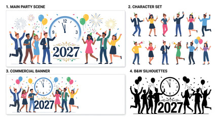 Fototapeta premium Diverse group of people celebrating New Year 2027 with confetti and balloons.