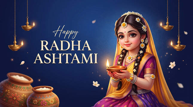 Young girl holding lit oil lamp surrounded by hanging lamps and floral decorations for festive celebration with traditional attire holding blue background hanging