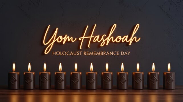Yom Hashoah Holocaust Remembrance Day typography sign with glowing neon letters and eleven memorial candles on wooden table Remembrance Day