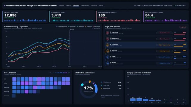 Explore a clean clinical light-mode dashboard showcasing AI healthcare patient analytics with key performance indicators and detailed recovery trajectories for improved outcomes.