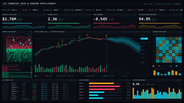 Explore a premium AI-enhanced financial dashboard featuring a scrolling ticker, real-time order-flow heatmap, and advanced trading metrics for risk management and analysis.