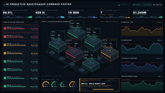 Explore a detailed AI-driven industrial IoT predictive maintenance dashboard featuring a vibrant factory layout with animated machine health indicators and live sensor charts.