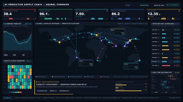 Explore a dynamic AI-driven predictive supply chain command dashboard featuring a global logistics map with animated routes, supplier nodes, and key performance indicators for efficient management.