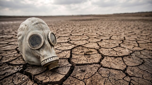 Vintage gas mask on dry cracked earth representing climate crisis