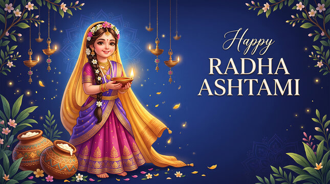 Little girl dressed in traditional attire holding lit oil lamp amidst festive floral decoration background with elegant traditional clothing