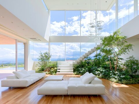 観葉植物と青空が美しい開放的なモダンリビングルーム