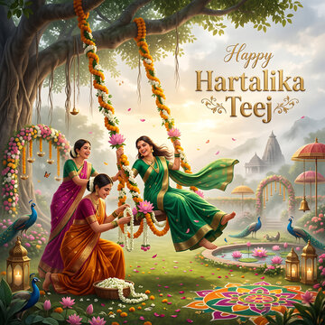 Joyful women celebrating traditional indian festival under large tree with floral swings with sarees celebrating cultural outdoors floral decorations