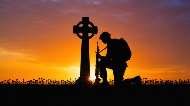Silhouette of lone soldier kneeling before Celtic stone cross in field of poppies at sunset for somber military remembrance day Remembrance Day