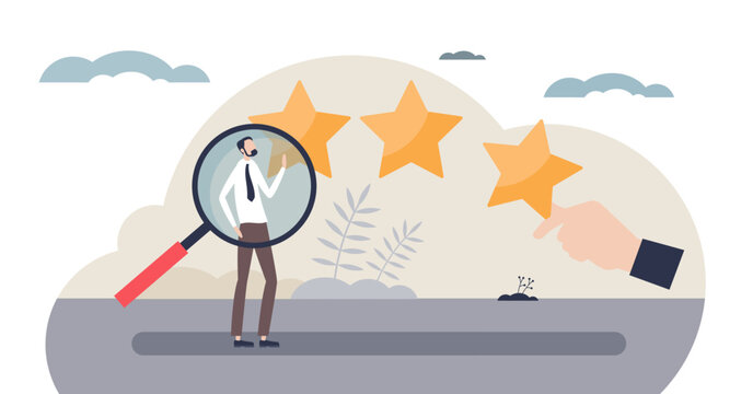 Employee experience rating visualizes performance, magnifying glass on employee, hand giving star, three stars for recognition and feedback, transparent background