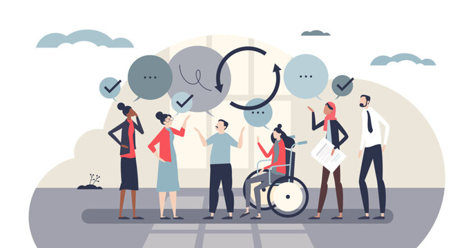 Internal communication teamwork aligns goals and inclusion, diverse colleagues share feedback via speech bubbles and circular arrows, plus a wheelchair user visible, transparent background
