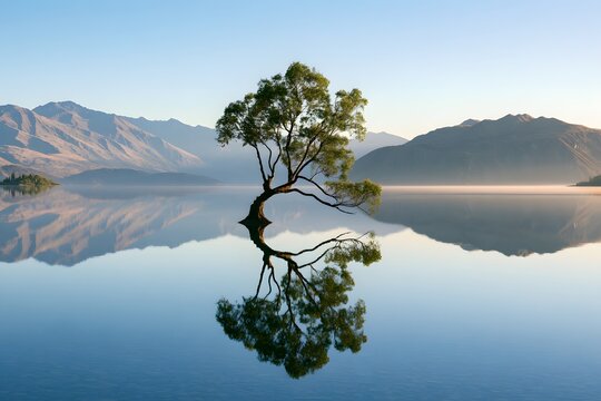 Einsamer Baum im ruhigen See mit perfekter Spiegelung vor einer Berglandschaft