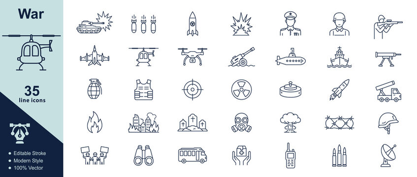 War line icon set. Contain icons related to War, Editable stroke. Vector illustration