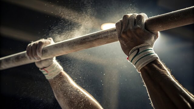 A close-up of chalk-covered hands highlights the gritty, determined preparation that athletes undertake before competing in gymnastics events at National Sports Day.