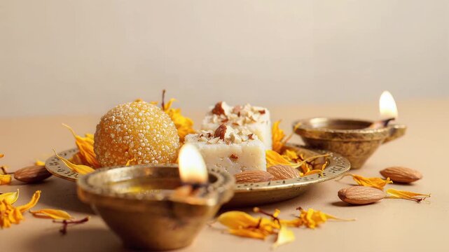 Karwa chauth celebration with traditional indian sweets and oil lamps