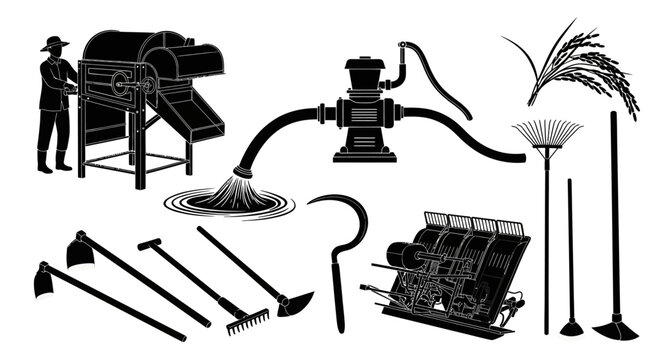 Farm equipment with including combine harvester black white illustrations harvester pump rake agricultural tools harvesting tools collection black