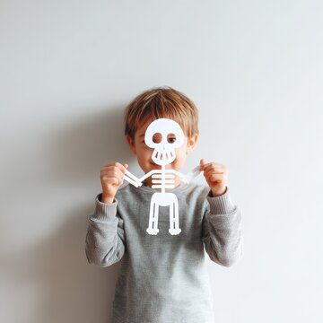 Young boy holding a paper skeleton cutout in front of a plain white wall, wearing a gray long-sleeve shirt, smiling and enjoying a creative activity