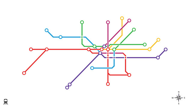 Abstract colorful subway transit map showing interconnected routes and station points on a clean white background.