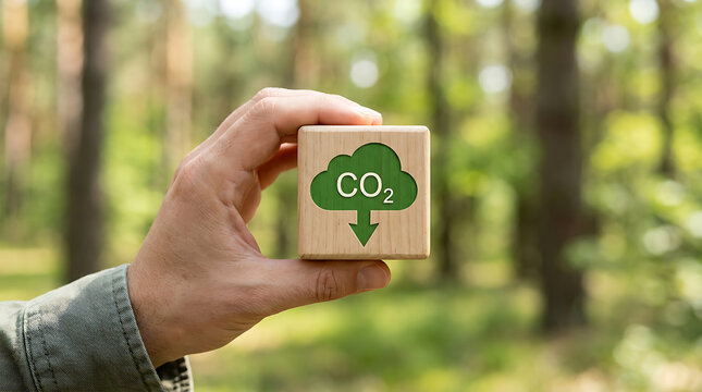 Hand holding wood block with co2 symbol