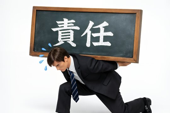 責任の文字が書かれた重い黒板を背負って耐え忍ぶスーツ姿のビジネスマン