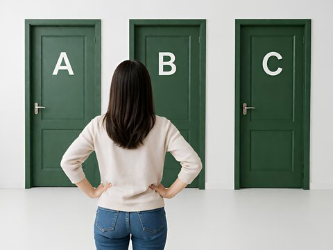 ３つの緑色の扉を前にどの選択肢を選ぶべきか真剣に悩んでいる後ろ姿の女性