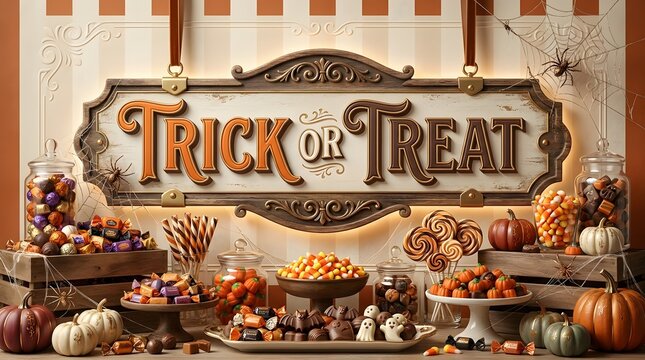 Candy buffet table display with trick or treat sign and halloween treats