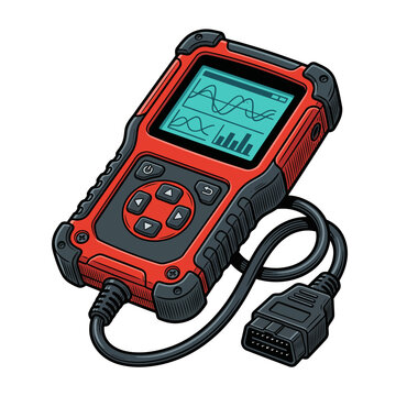 Automotive digital diagnostic scanner tool vector illustration with OBD port cable. Electronic vehicle fault detector and code reader for car repair service.