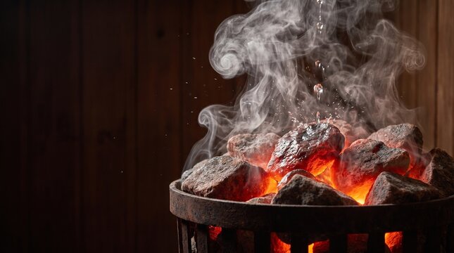 Water bursting into steam on hot sauna stones loyly macro moment photo dark background