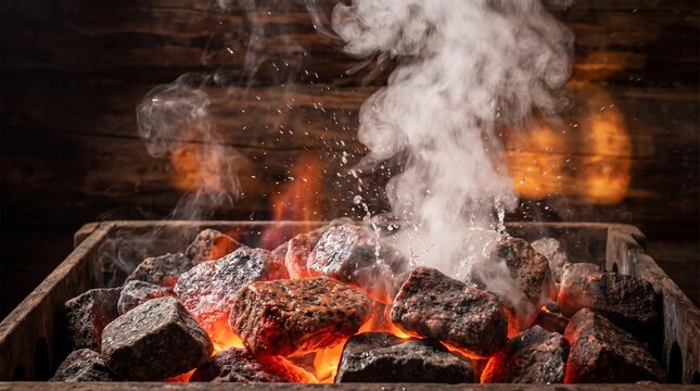 Water bursting into steam on hot sauna stones loyly macro moment photo dark background