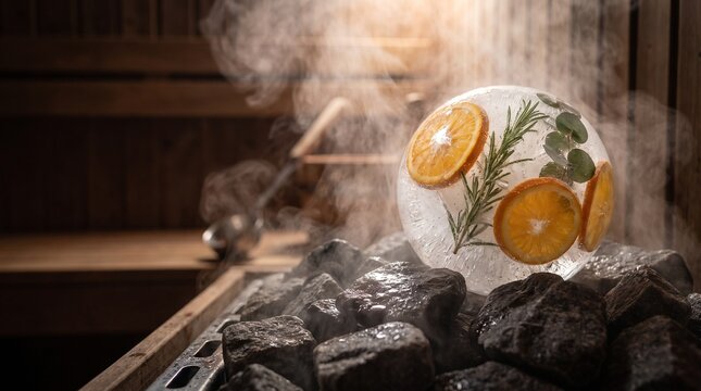 Herbal ice ball melting on hot sauna stones aufguss aroma technique ice and heat contrast photo