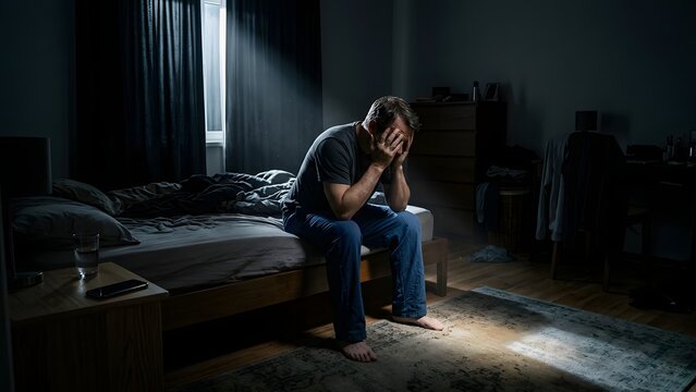 Man sitting on the edge of a bed in a dark room, head in hands, looking distressed