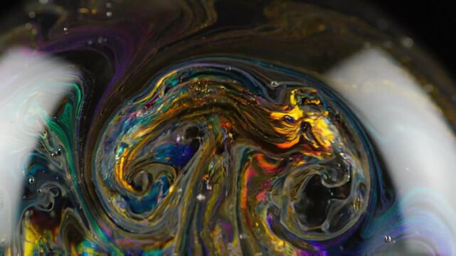 Abstract iridescent soap bubble with swirling colorful fluid paint pattern in macro closeup. Psychedelic liquid motion and light interference background concept