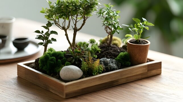 A miniature garden with small trees  moss  and rocks arranged in a wooden tray on a wooden table