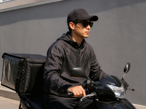 Focused Male Delivery Driver on Scooter in Black Uniform	